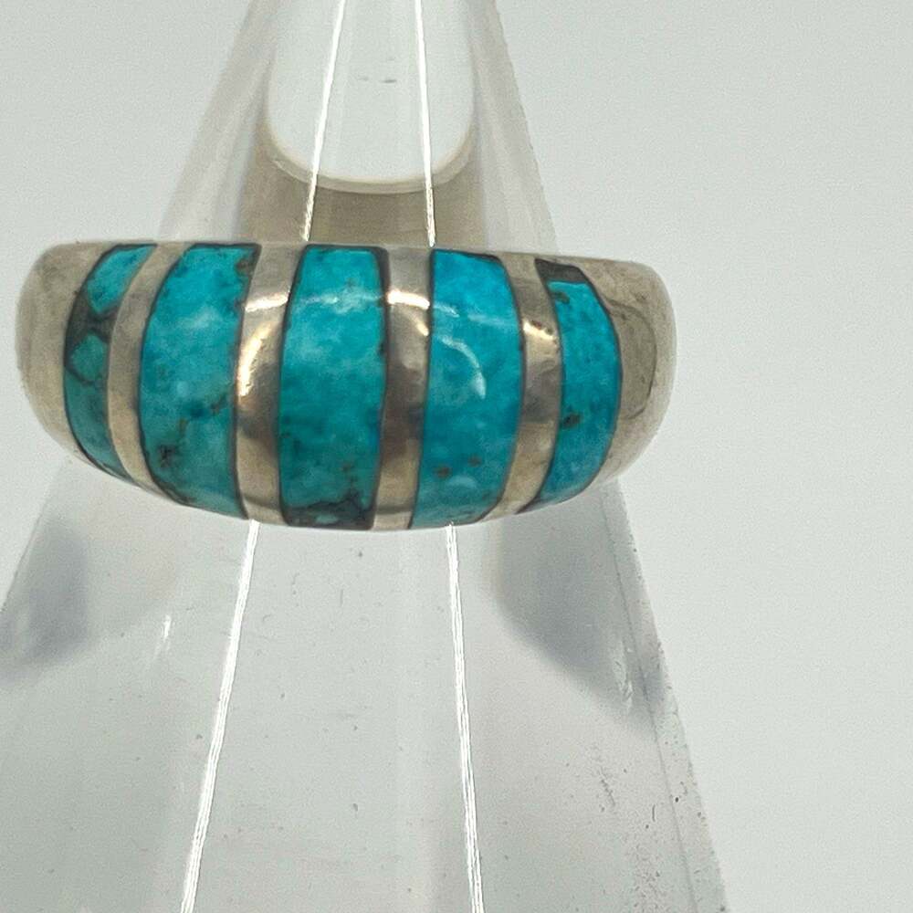 Silver 925 Turquoise Inlay Band Ring Blue Stone Metal Sz 11.5
